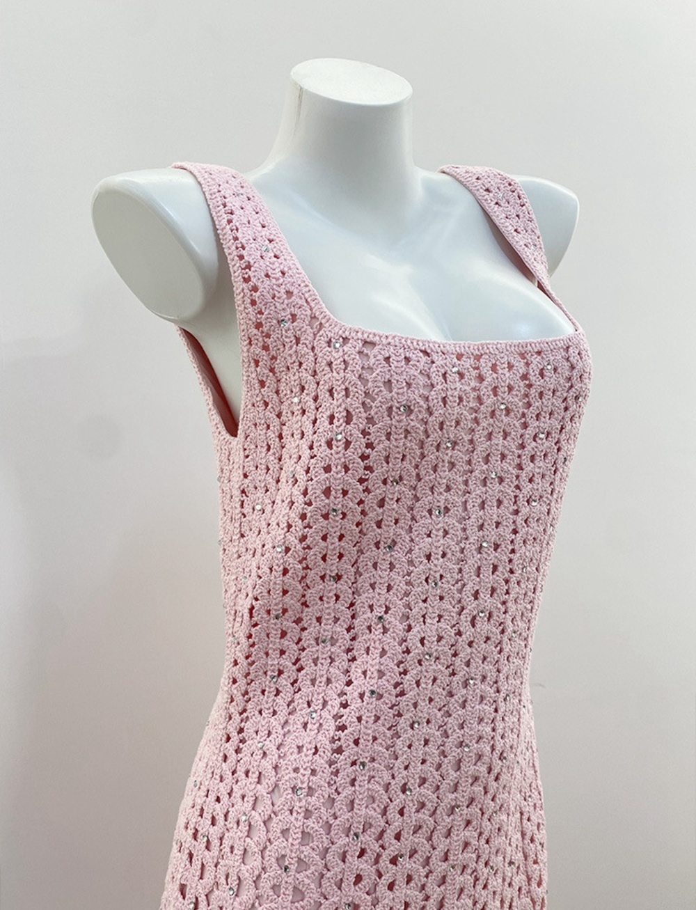 💖Maje Pink Crochet Sleeveless Midi Dress Square Neck Cutout Lace - Picture 7 of 9